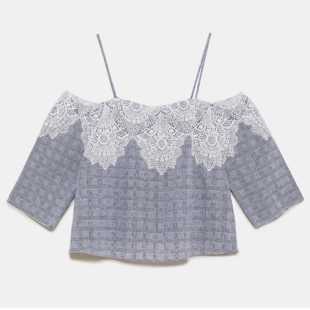 ZARA | Plaid Lace Embroidered Off-The-Shoulder Top